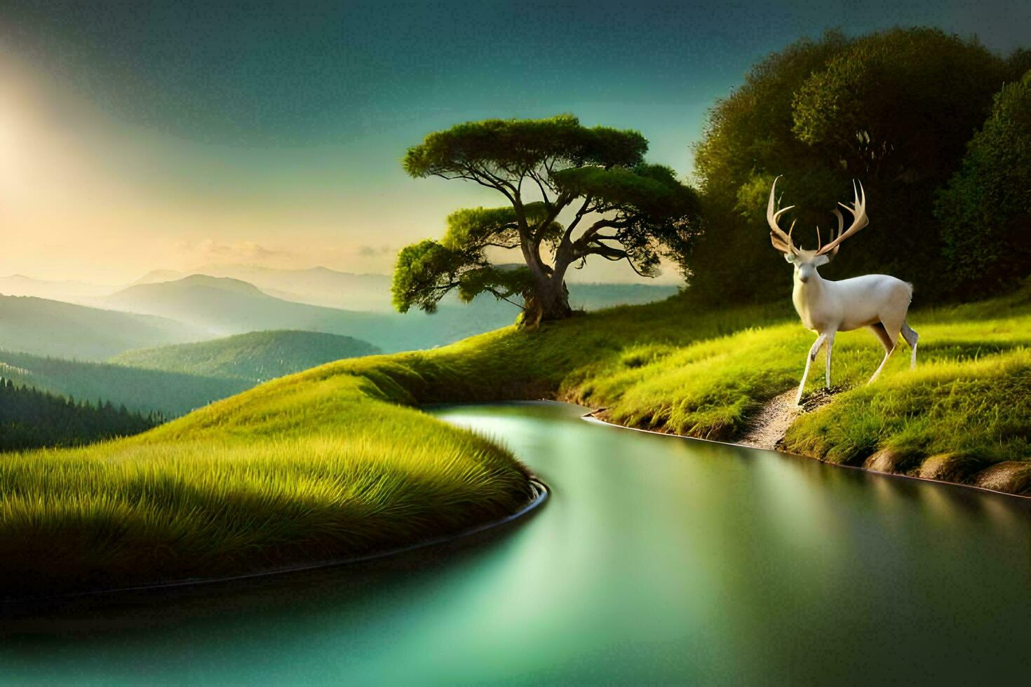 a deer stands in the middle of a river. AI-Generated photo