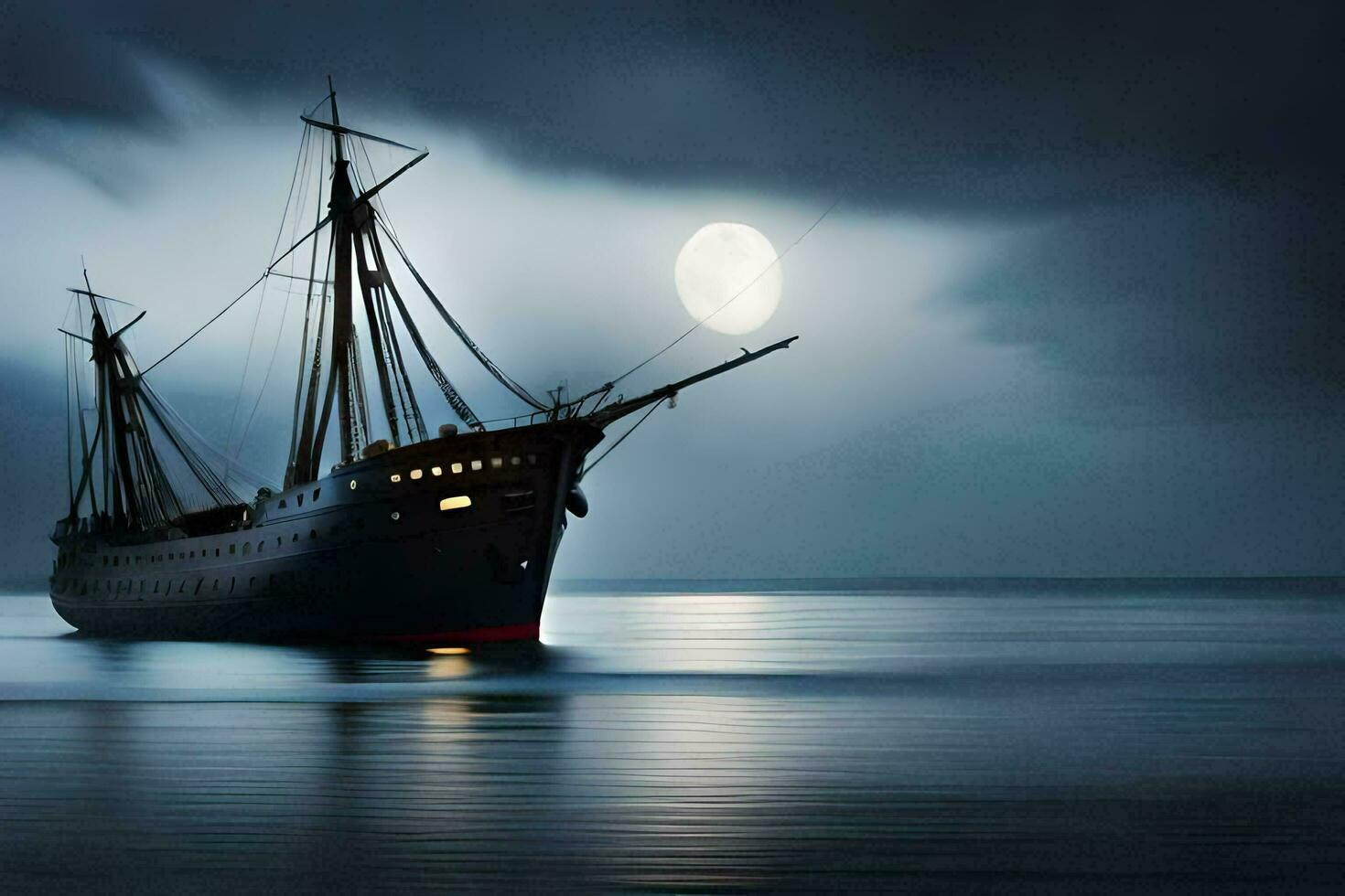 a ship in the ocean at night with a full moon. AI-Generated photo