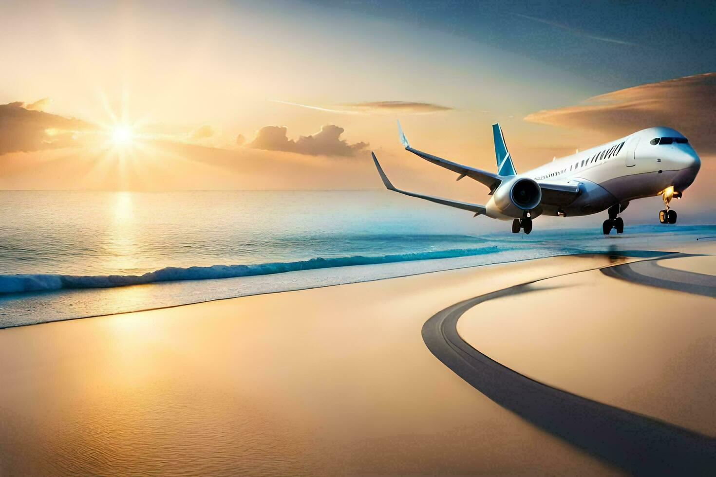 a plane taking off from the beach at sunset. AI-Generated photo