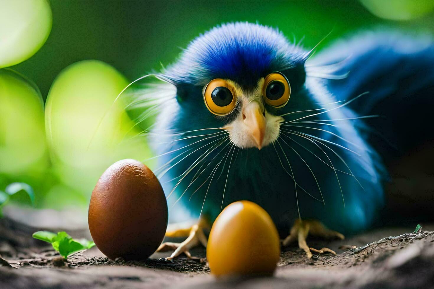 un azul pájaro con grande ojos y un huevo. generado por ai foto