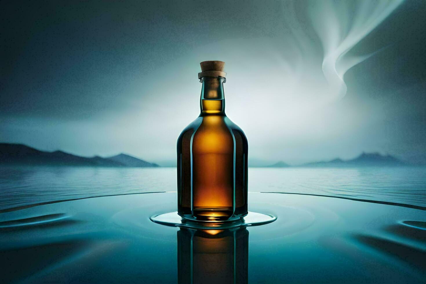 a bottle of whisky on the water with smoke coming out of it. AI-Generated photo