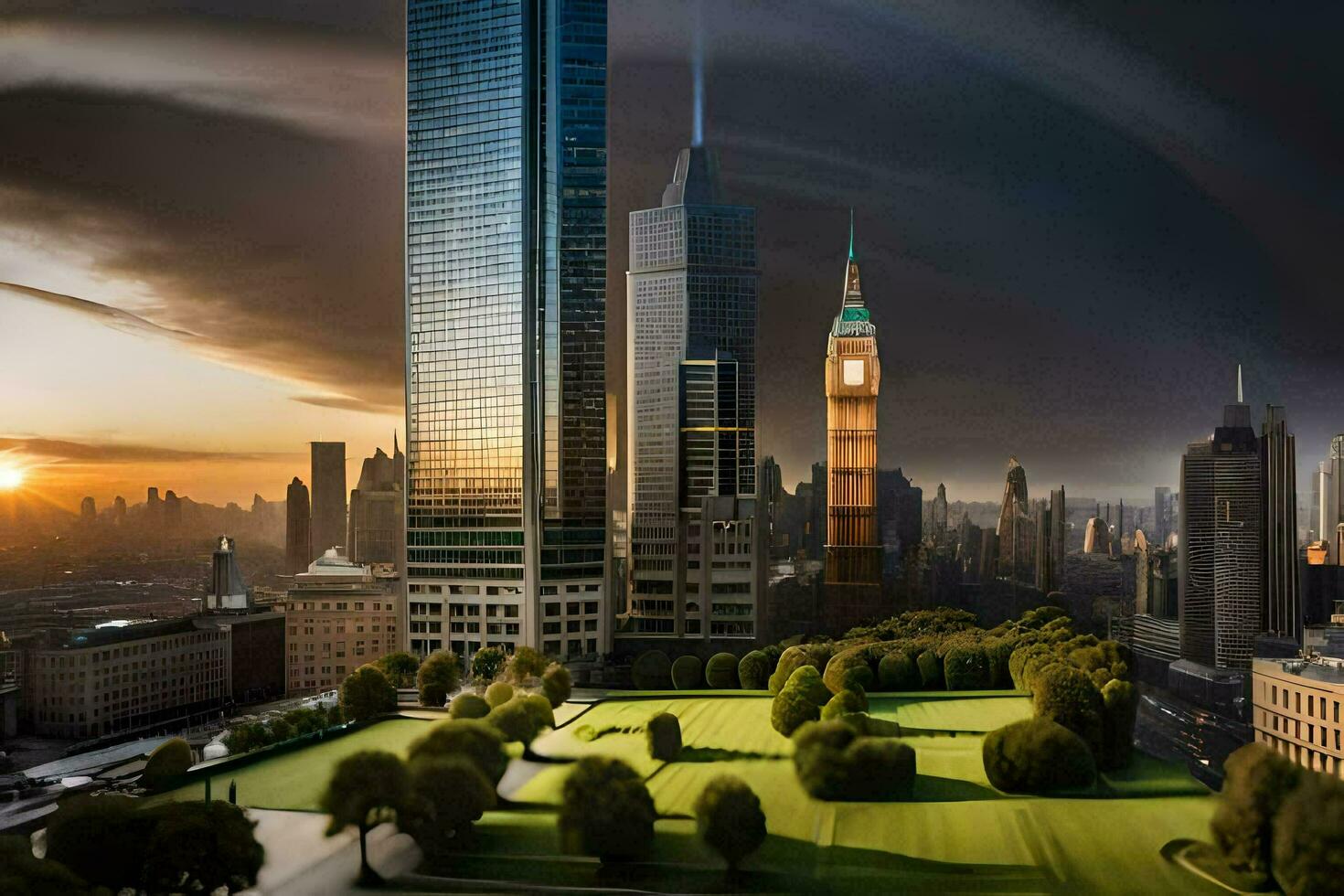 a city skyline with a large building in the foreground. AI-Generated photo