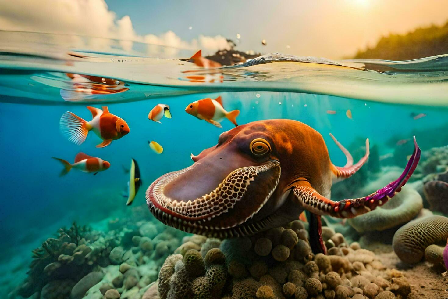 a large octopus swimming in the ocean. AI-Generated photo