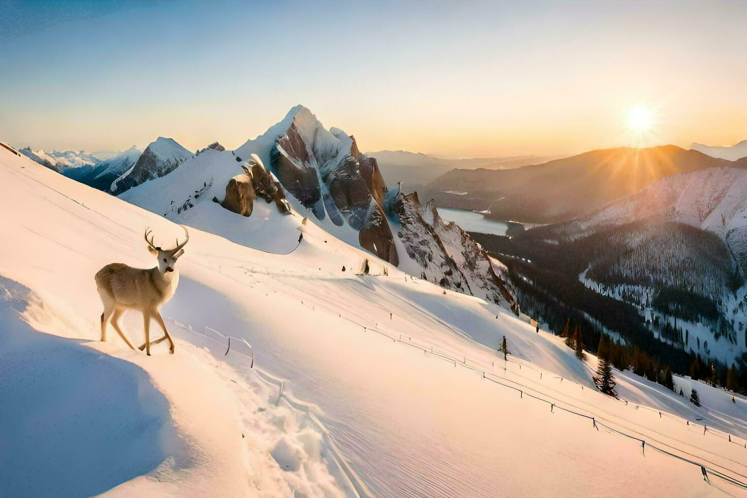 a deer stands on the snow covered mountain at sunset. AI-Generated photo