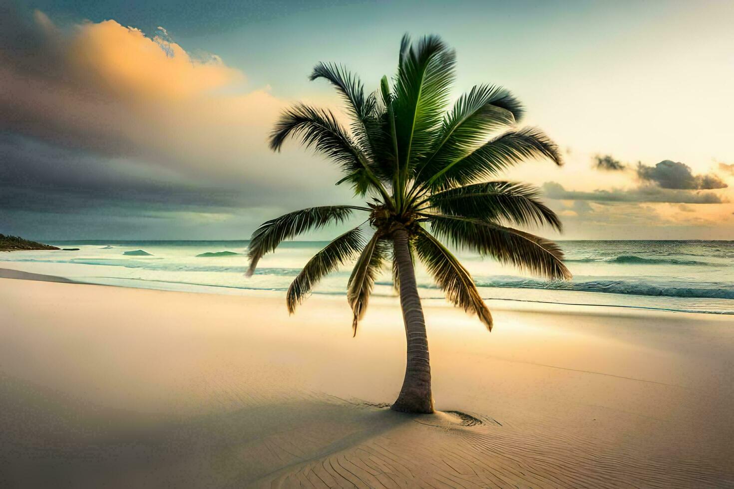a palm tree on a beach at sunset. AI-Generated photo