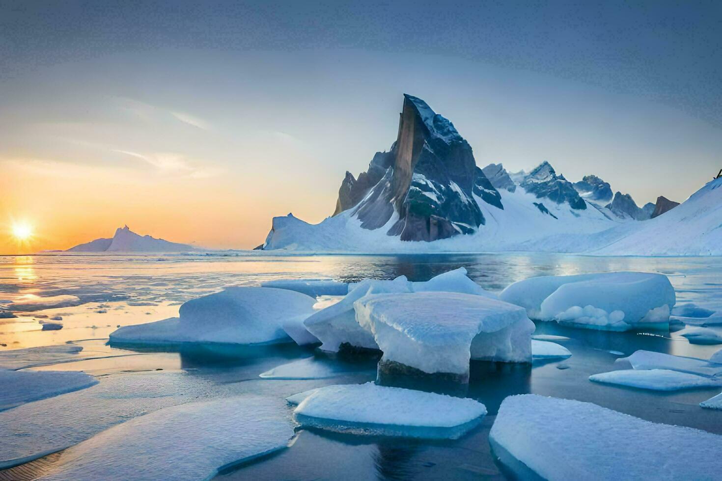 the sun sets over the ice floes in the arctic. AI-Generated photo