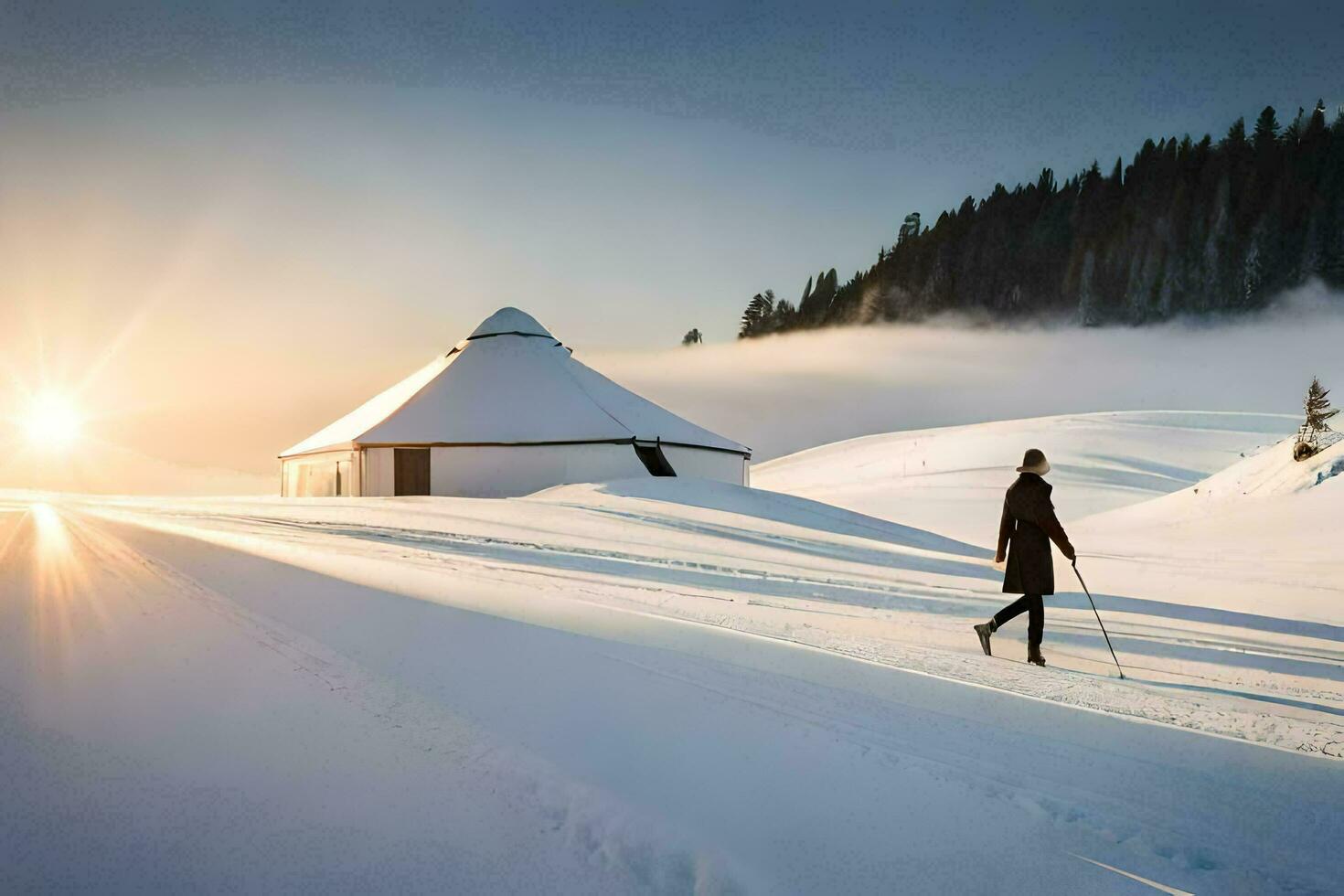 un persona caminando a través de un nieve cubierto campo con un choza en el antecedentes. generado por ai foto