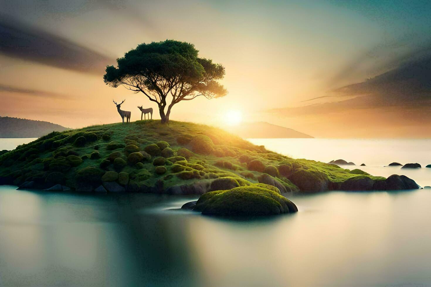 the deer is standing on the island in the sunset. AI-Generated photo