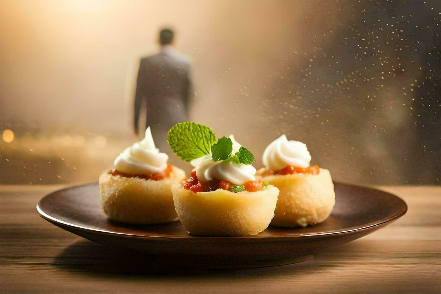 three mini desserts on a plate with a man in the background. AI-Generated photo