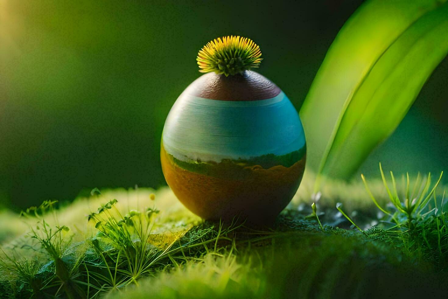 a small egg sitting on top of a green grassy surface. AI-Generated photo