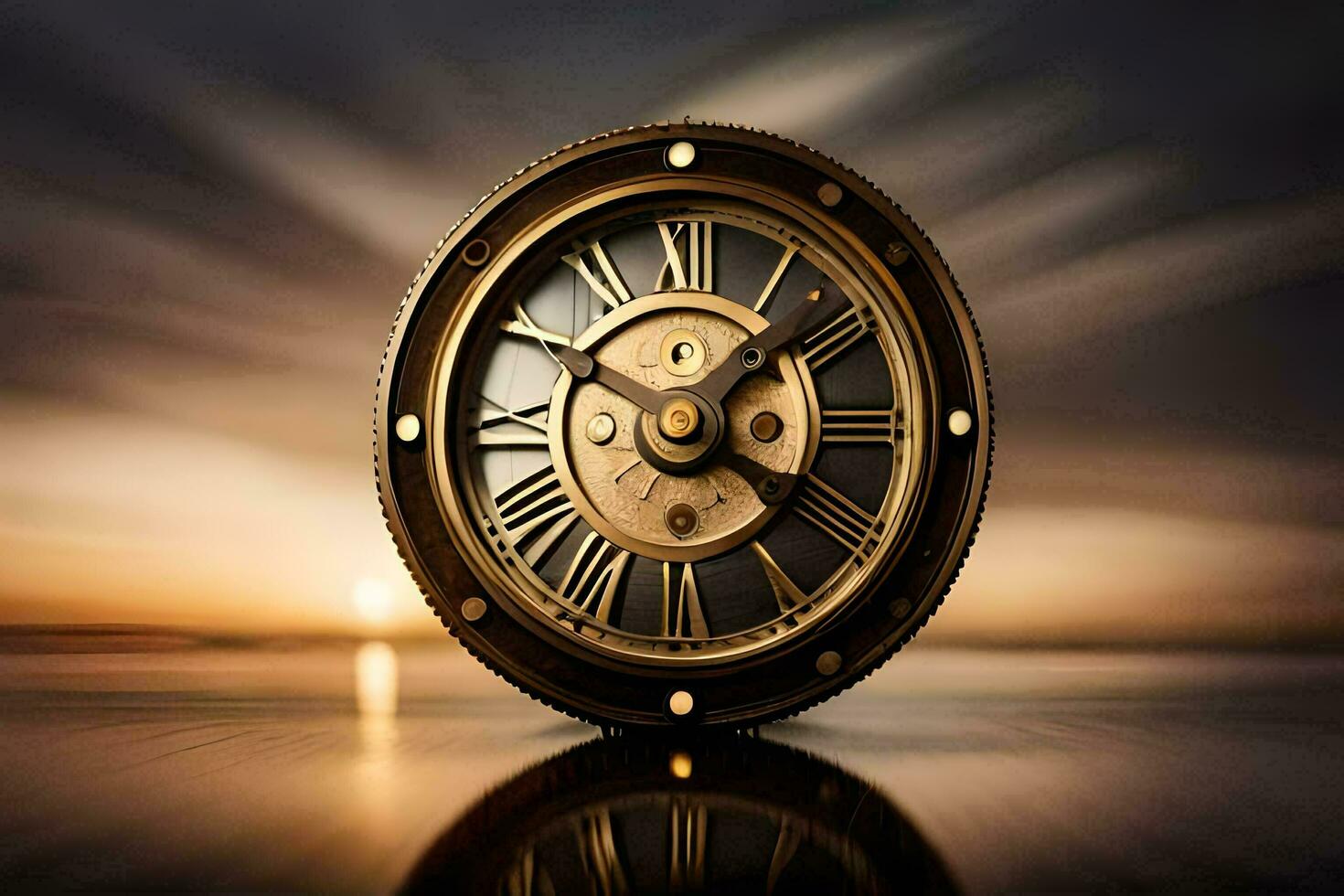 a clock is shown on a table with a sunset in the background. AI-Generated photo