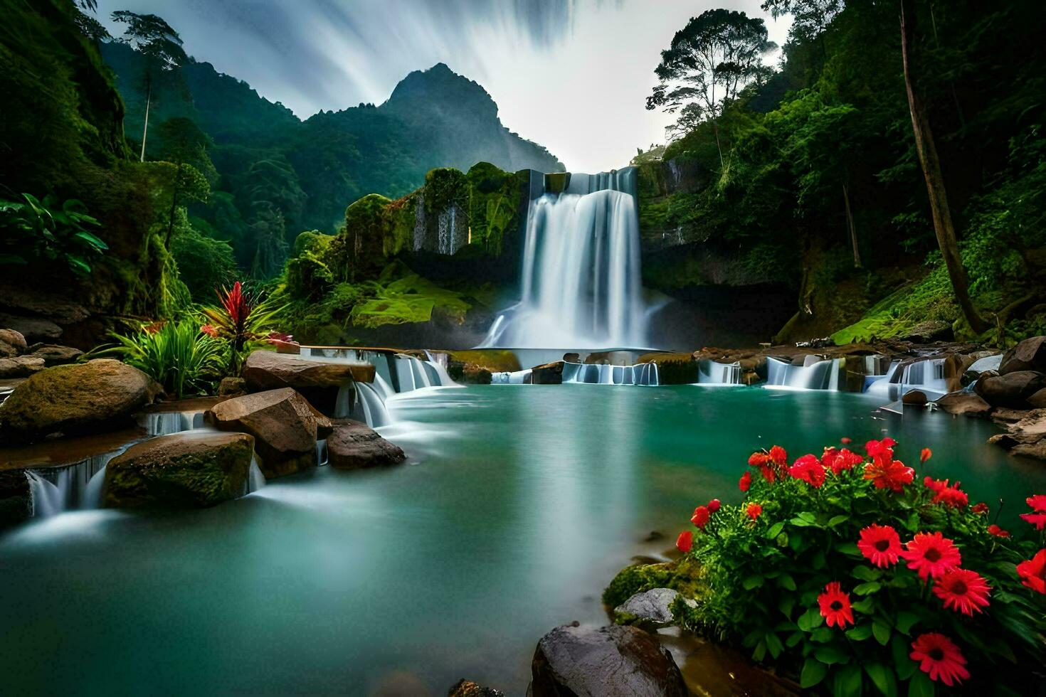 the waterfall in the jungle. AI-Generated photo