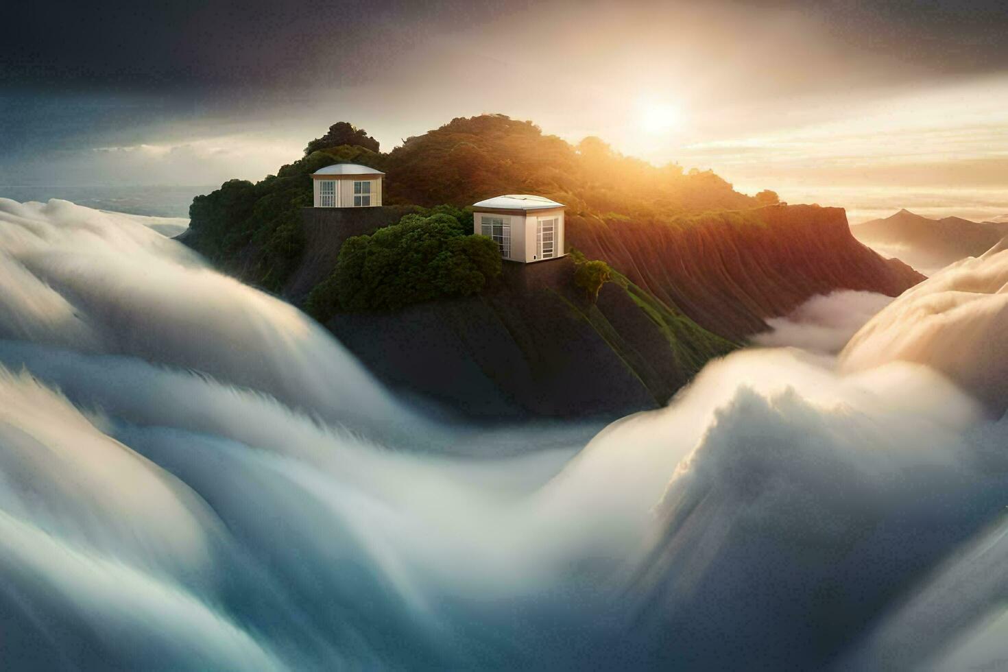 a house in the clouds with the sun shining. AI-Generated photo