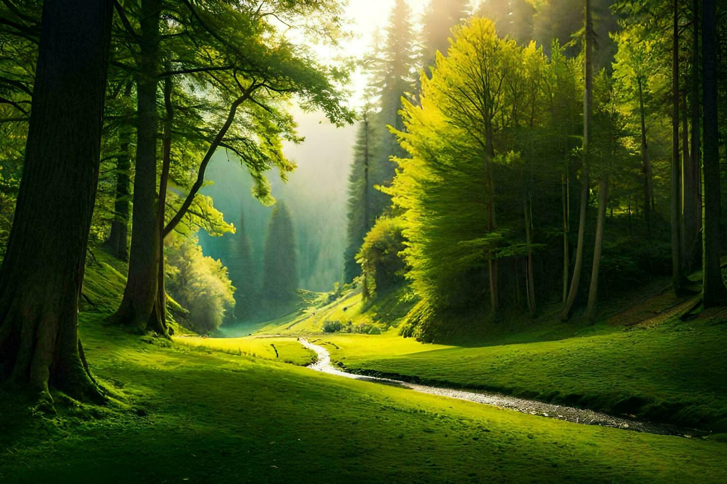 a stream runs through a green forest. AI-Generated photo