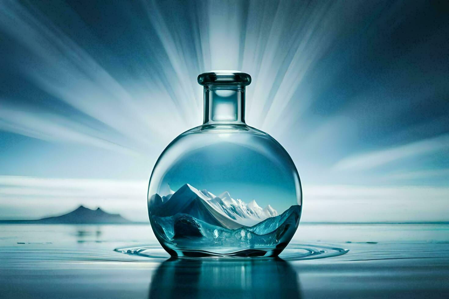 a bottle with a mountain inside it. AI-Generated photo
