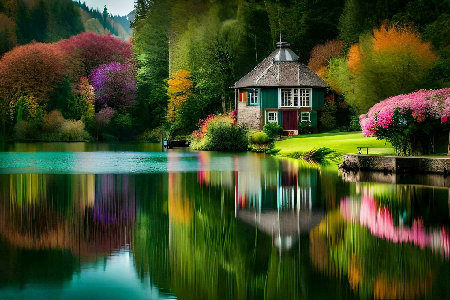a house is reflected in the water next to a lake. AI-Generated photo
