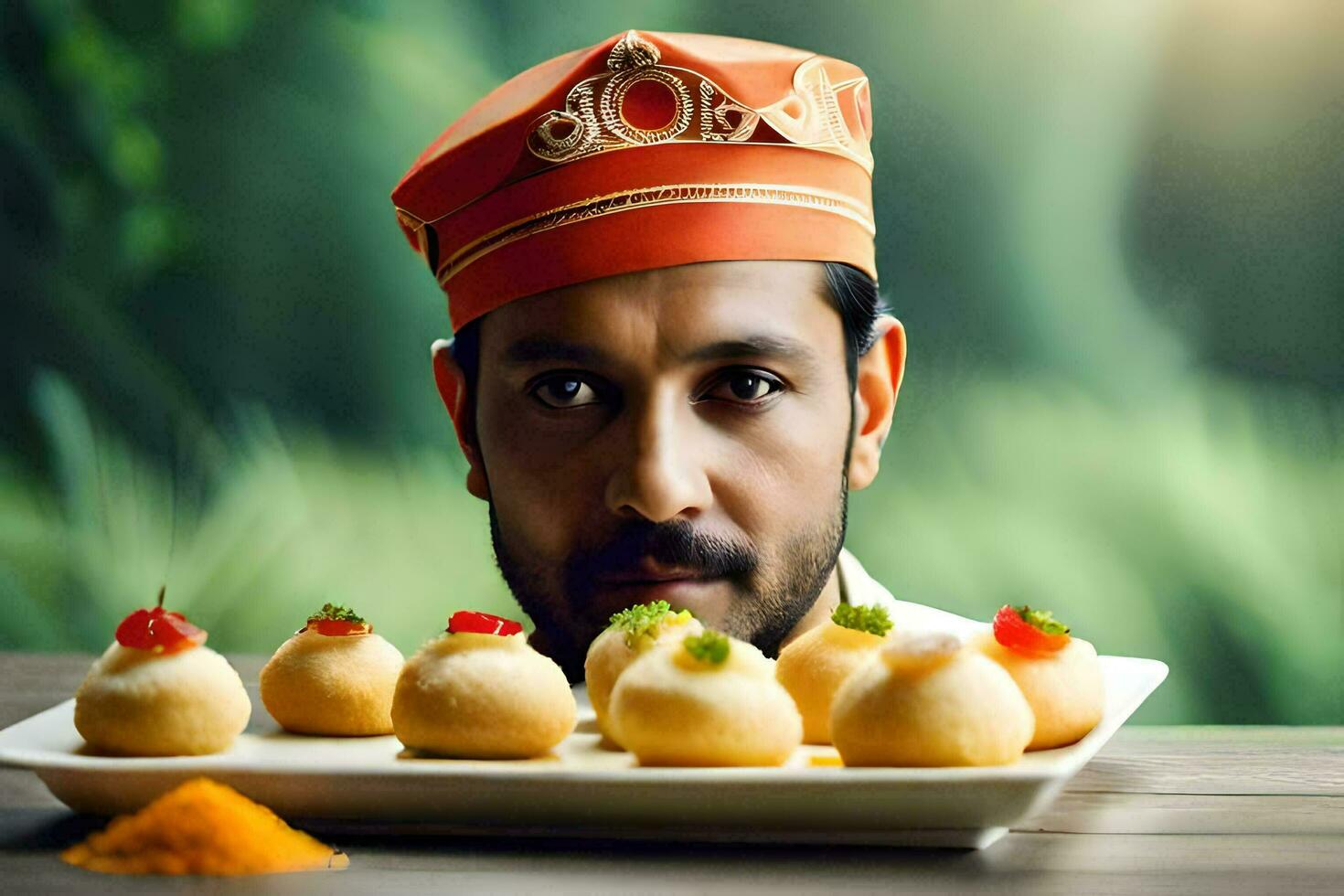 a man in a turban is holding a plate with some food. AI-Generated photo