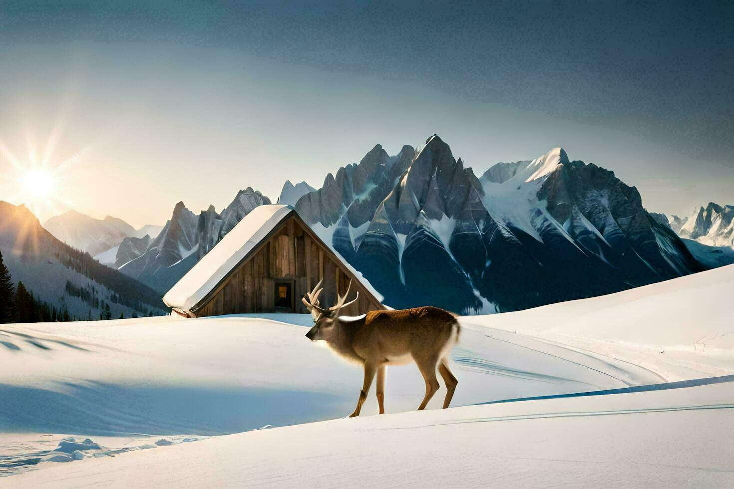 a deer stands in the snow near a cabin. AI-Generated photo