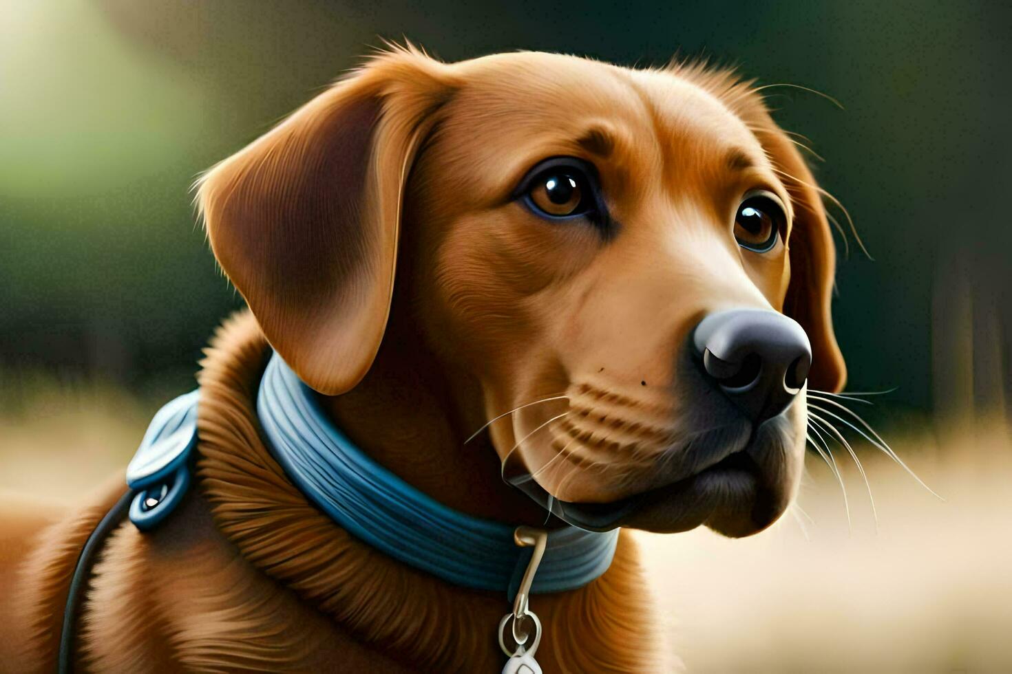 a dog with a blue collar and a leash. AI-Generated photo