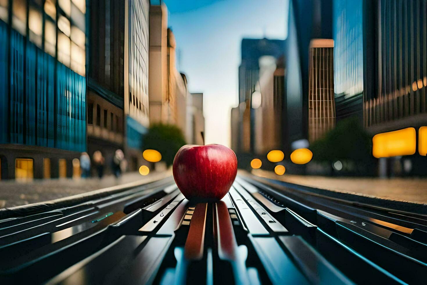 an apple sits on the edge of a city street. AI-Generated photo