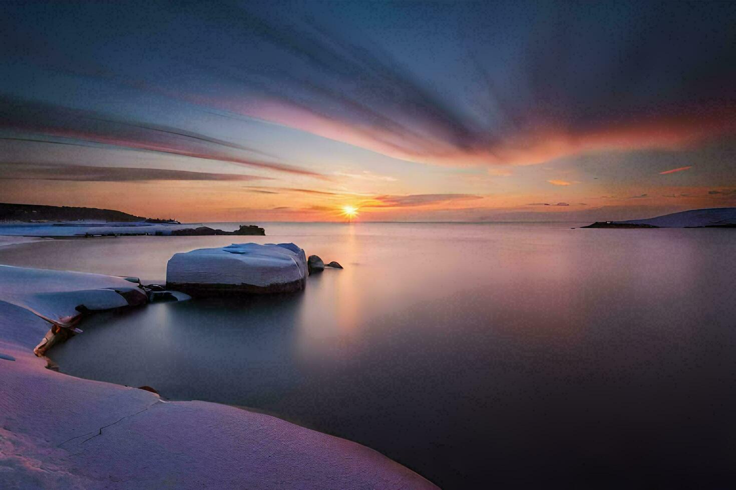 a beautiful sunset over the ocean with snow covered rocks. AI-Generated photo