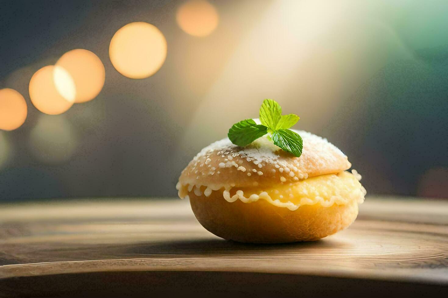 un Pastelería en un de madera mesa con un ligero antecedentes. generado por ai foto