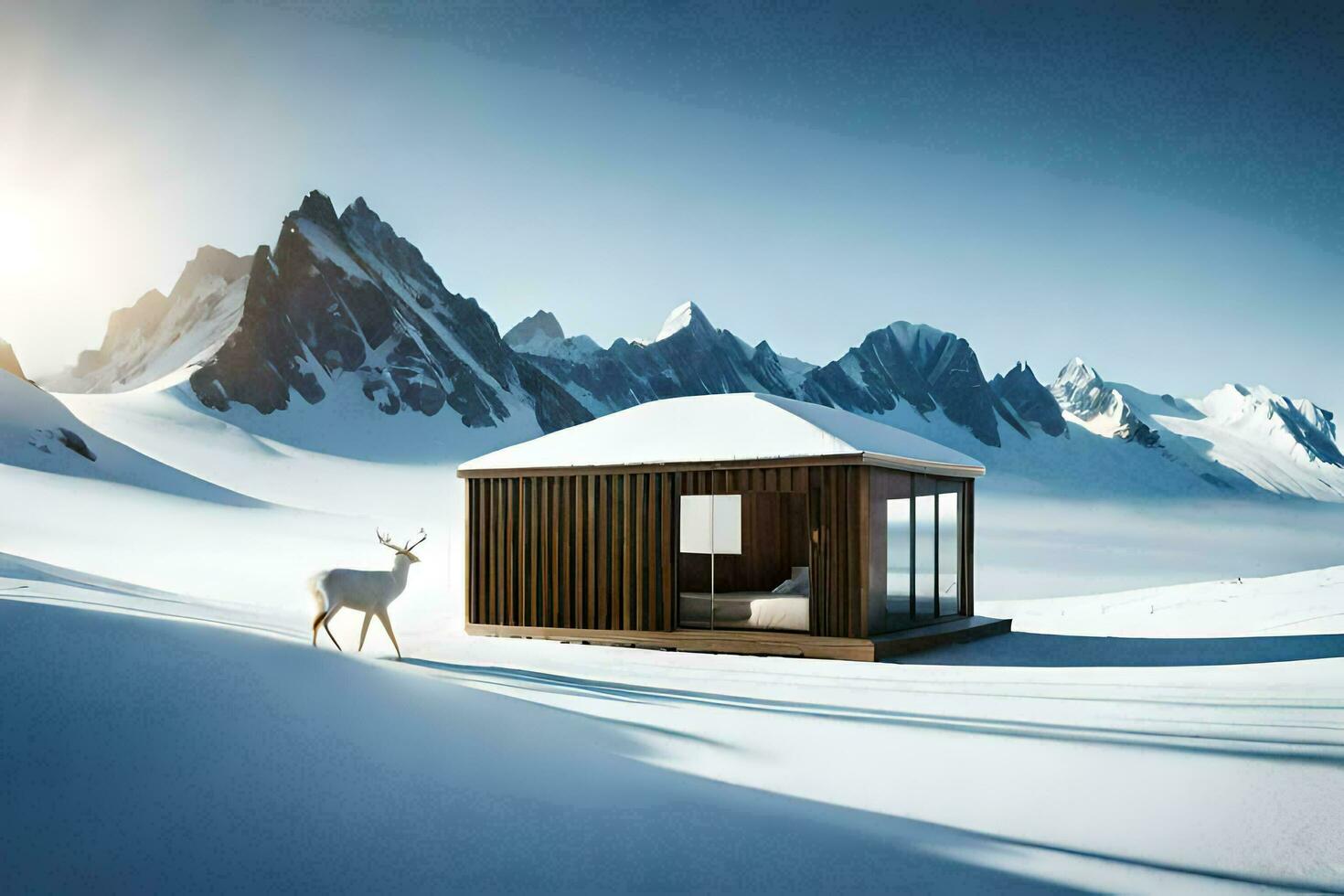 a small cabin in the snow with a deer. AI-Generated photo