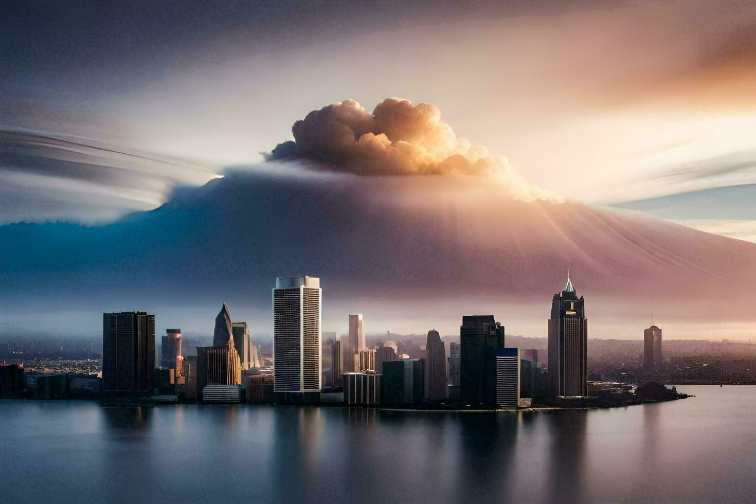 a large cloud is seen over a city skyline. AI-Generated photo