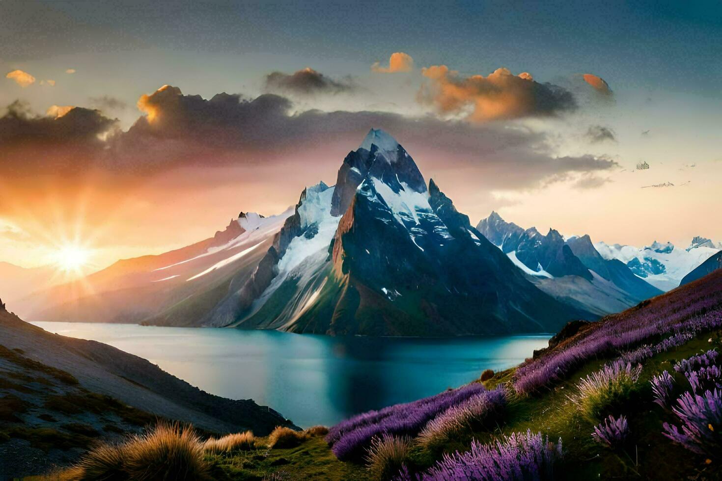 the sun sets over a mountain range with purple flowers. AI-Generated photo