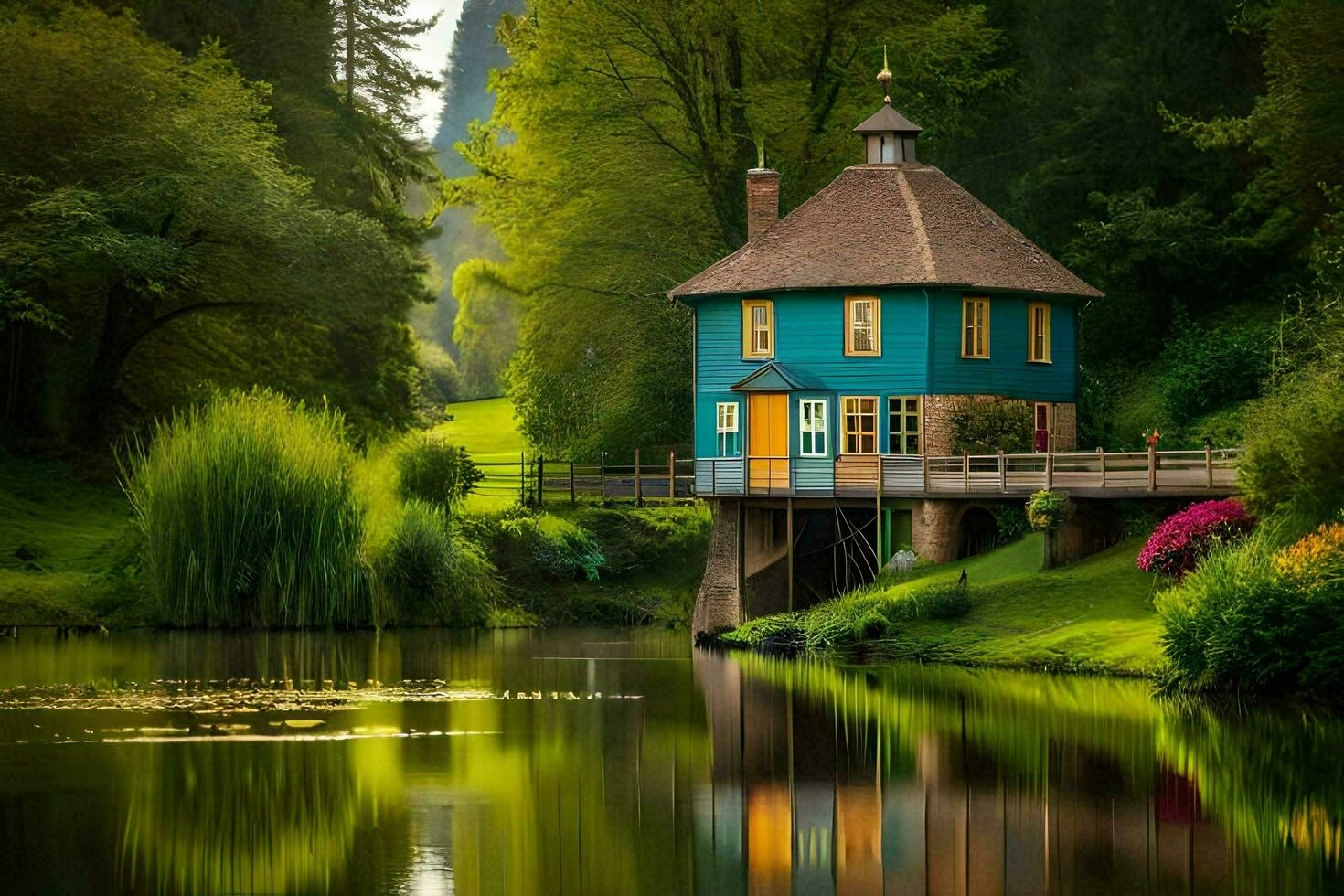a house sits on a small island surrounded by lush green grass. AI-Generated photo