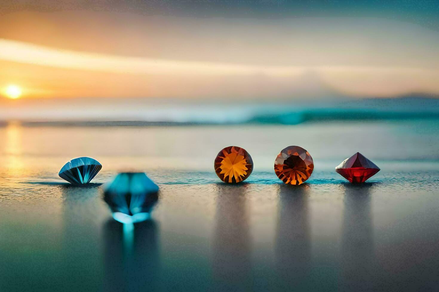 four colorful gems on the beach at sunset. AI-Generated photo