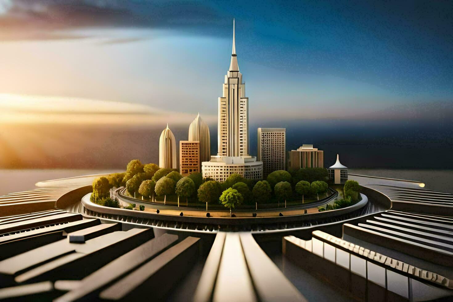 a city with a skyscraper in the middle of it. AI-Generated photo