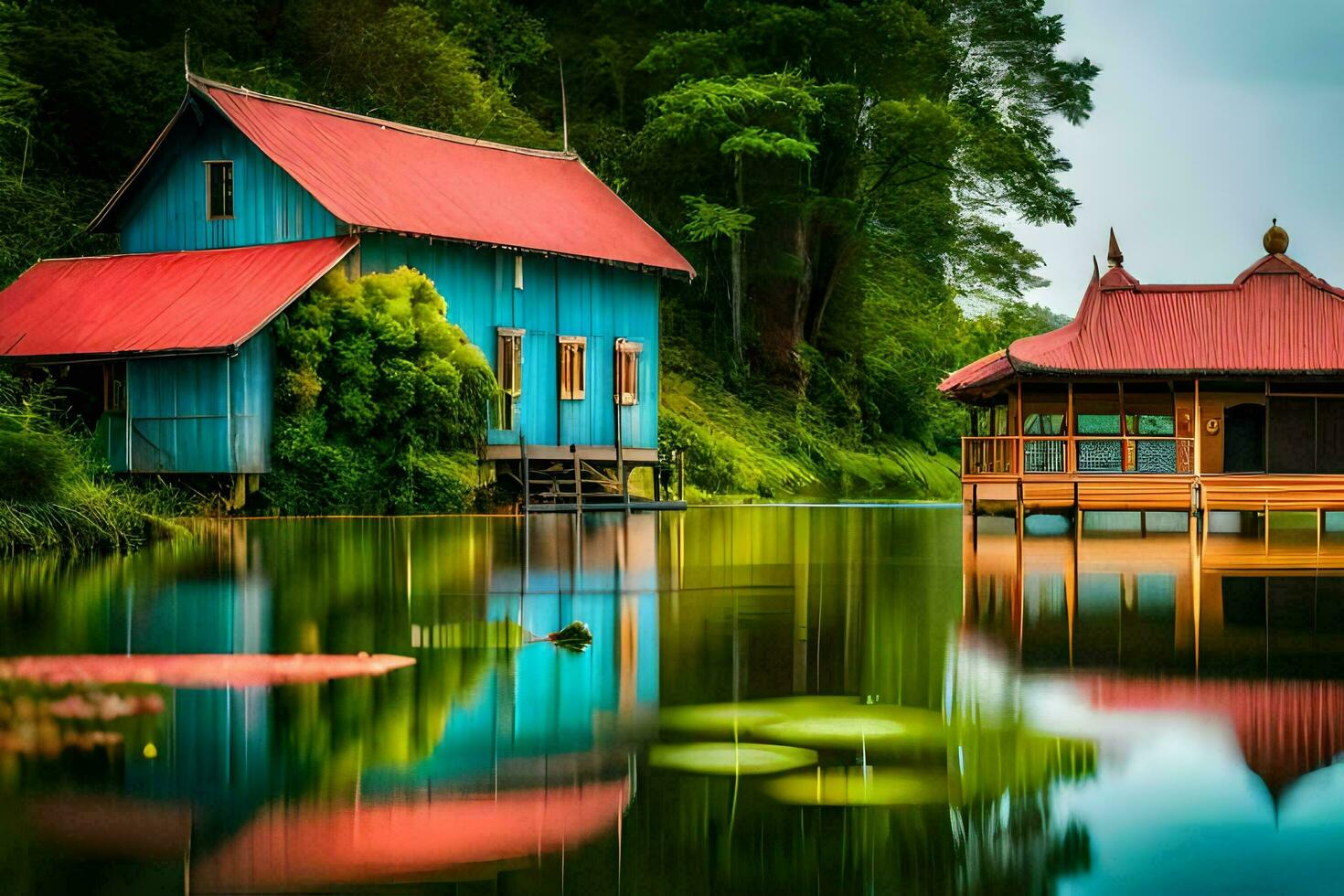 a blue house sits on the edge of a lake. AI-Generated photo