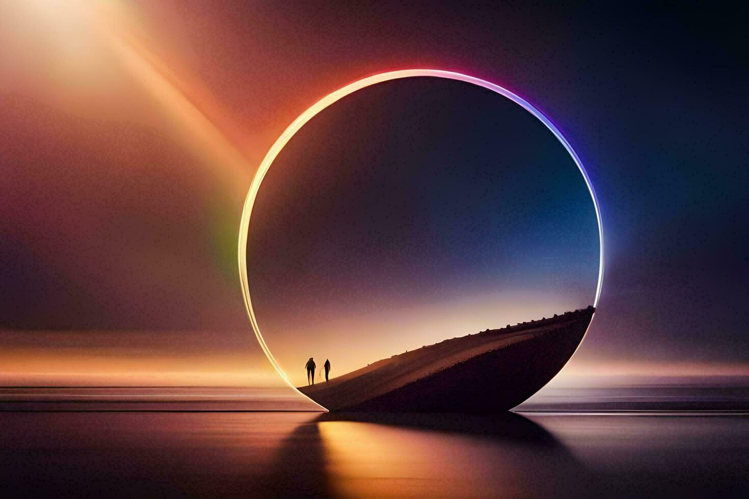 a man and woman standing in front of a circular mirror. AI-Generated photo