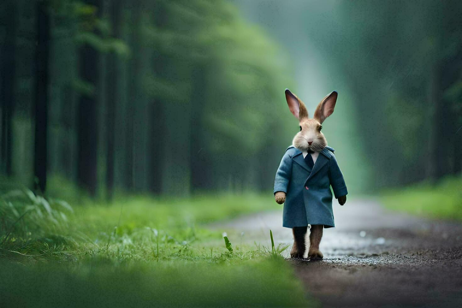 a rabbit in a blue coat walking down a path. AI-Generated photo