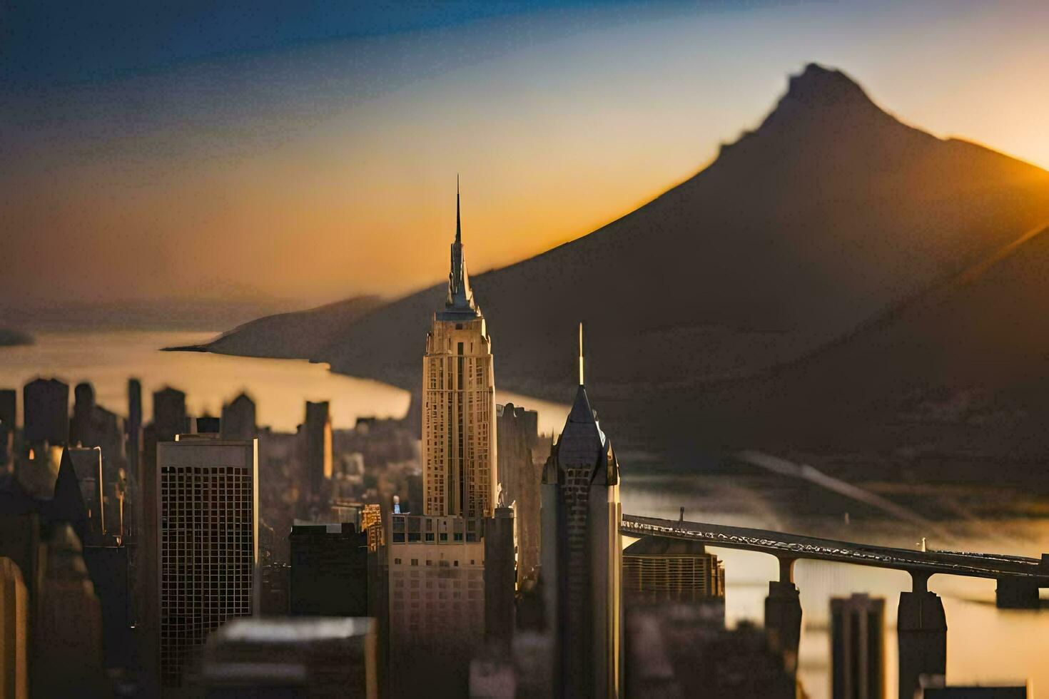 the sun sets over the city and the empire state building. AI-Generated photo