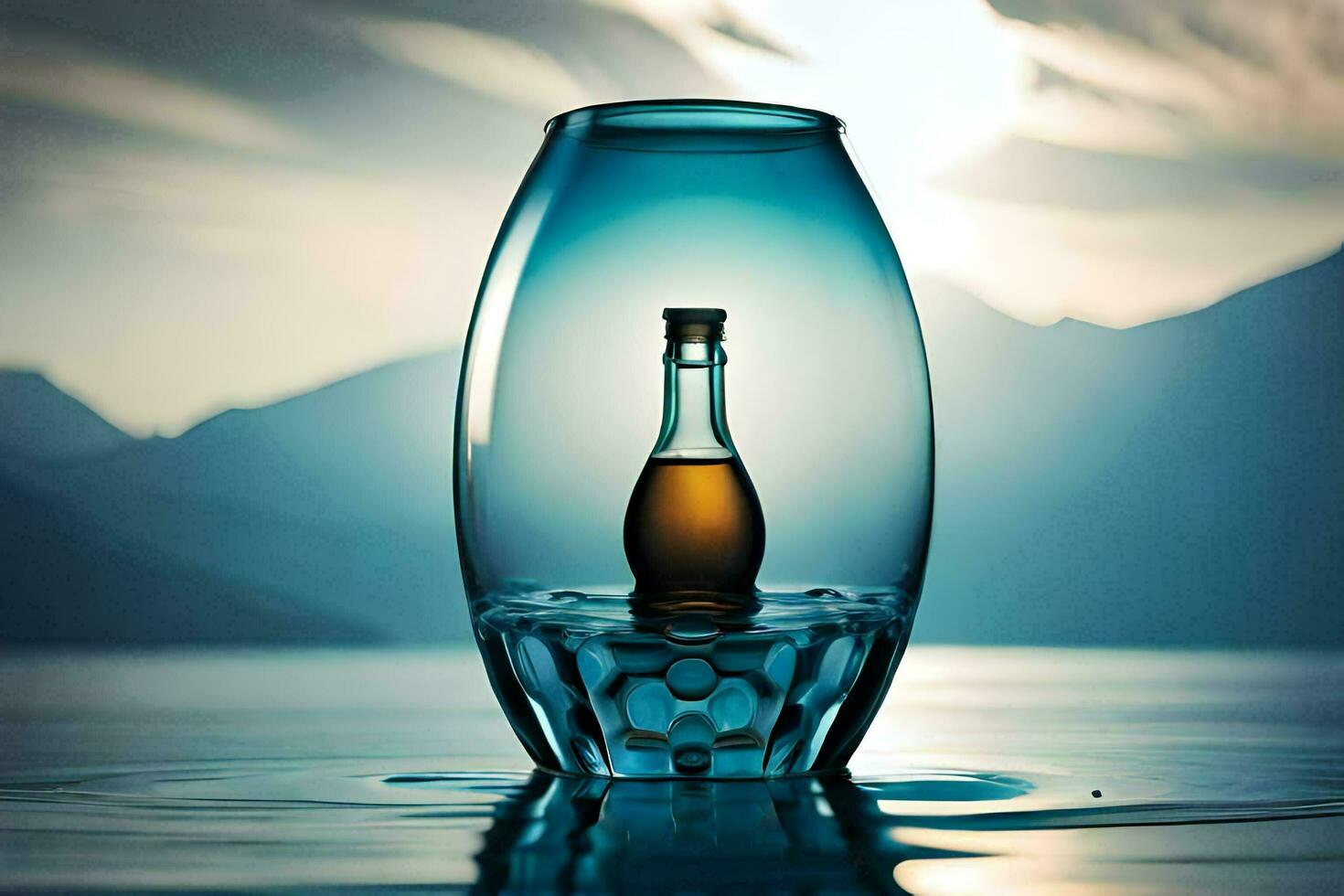 a bottle of whiskey in a glass vase on the water. AI-Generated photo