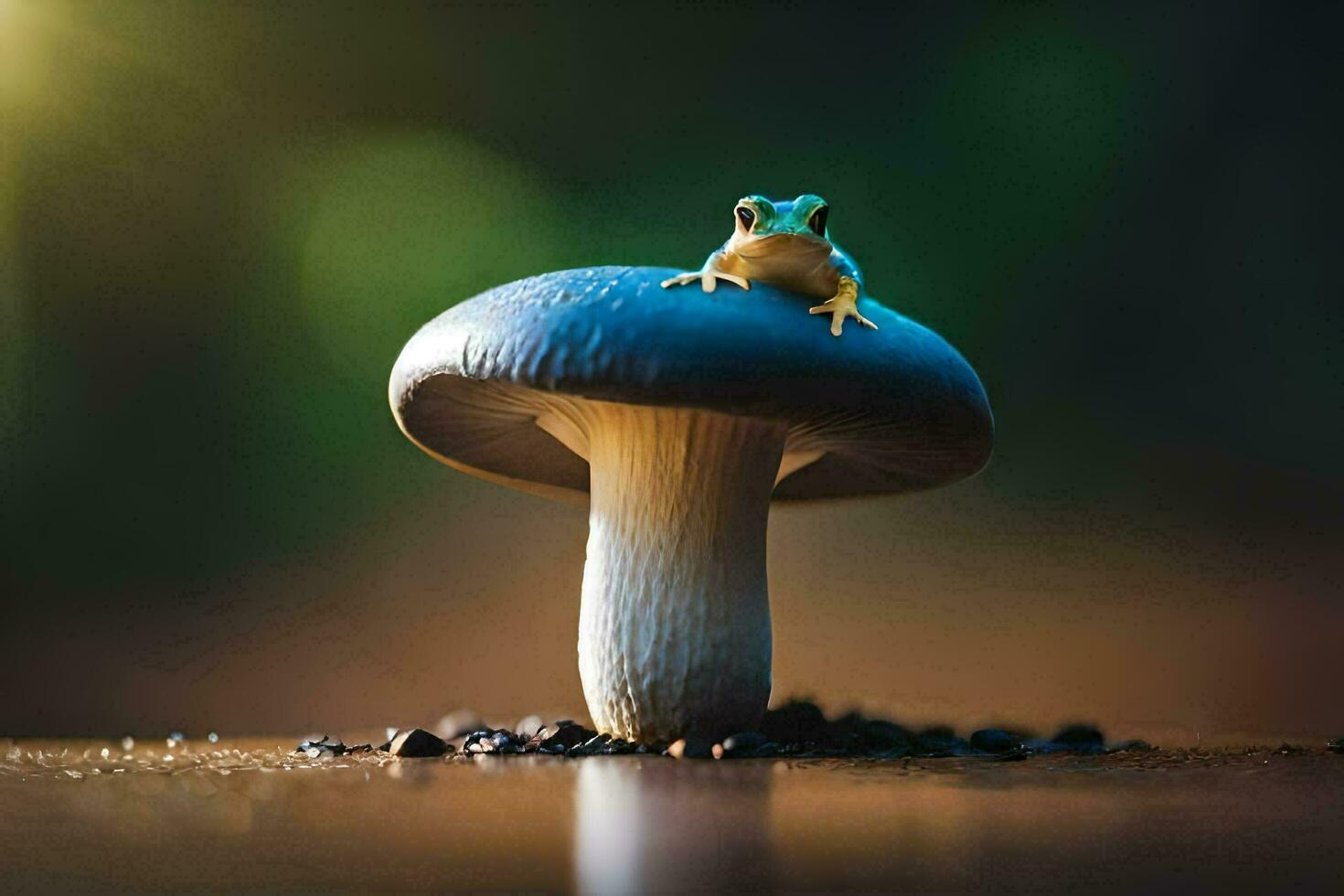 a frog sits on top of a mushroom in the forest. AI-Generated photo