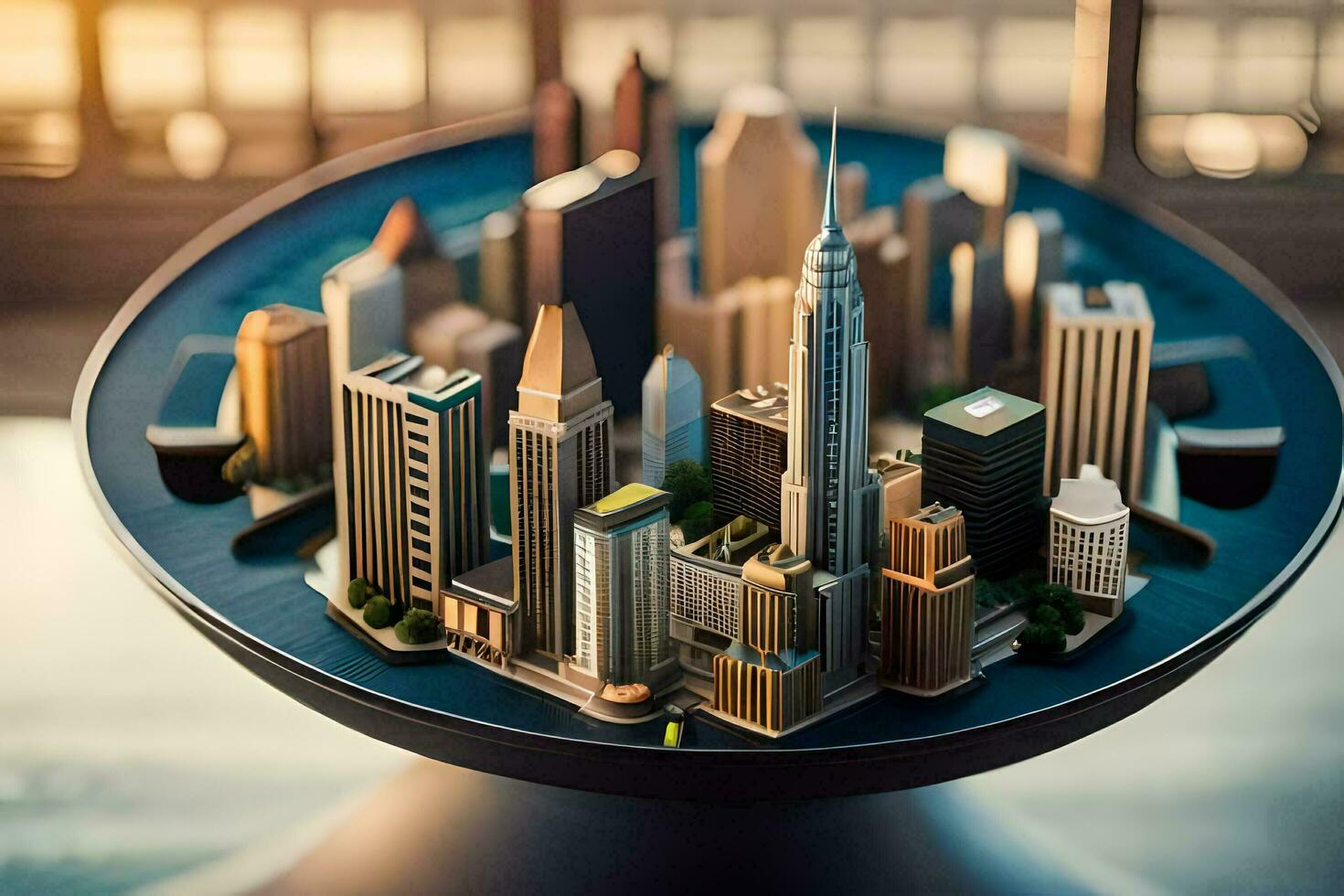 a miniature city is sitting on top of a table. AI-Generated photo