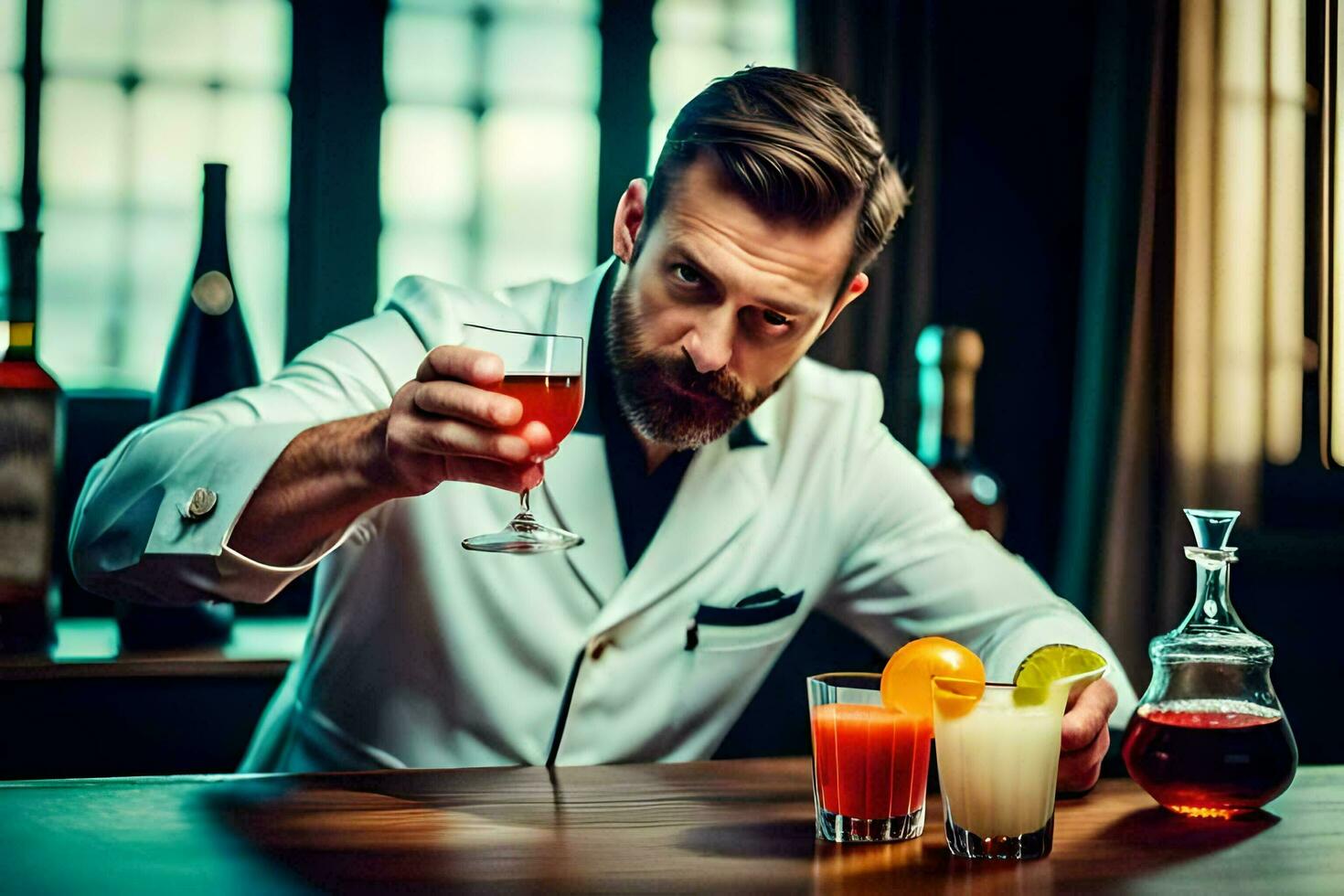 a man in a white coat is holding a glass of alcohol. AI-Generated photo