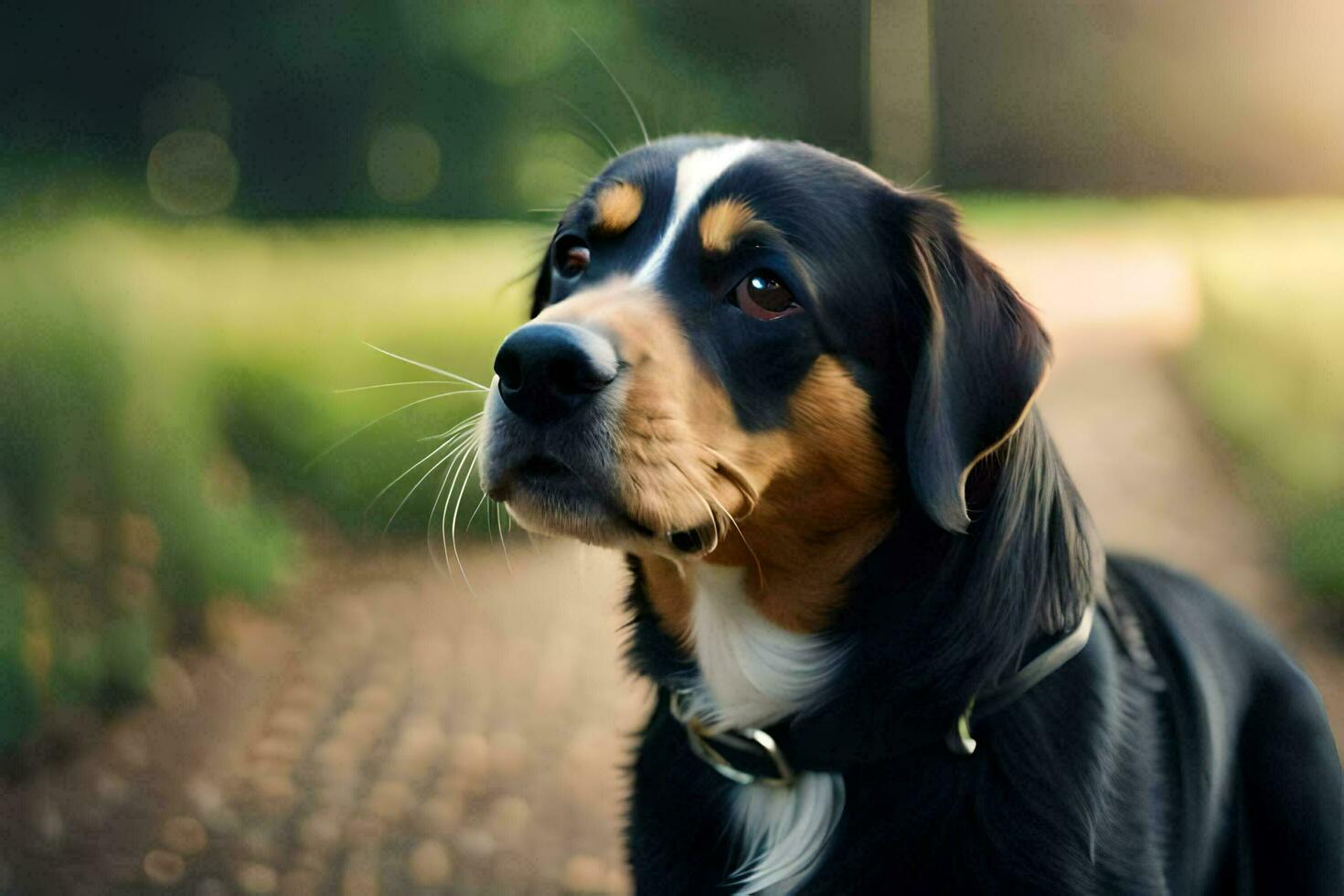 a dog is standing on a dirt road. AI-Generated photo