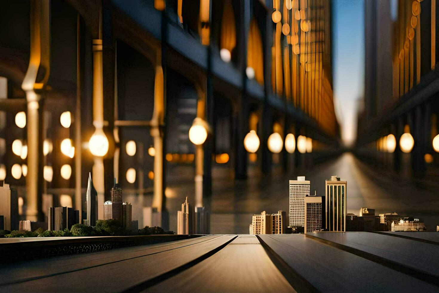 a cityscape with a bridge and lights. AI-Generated photo