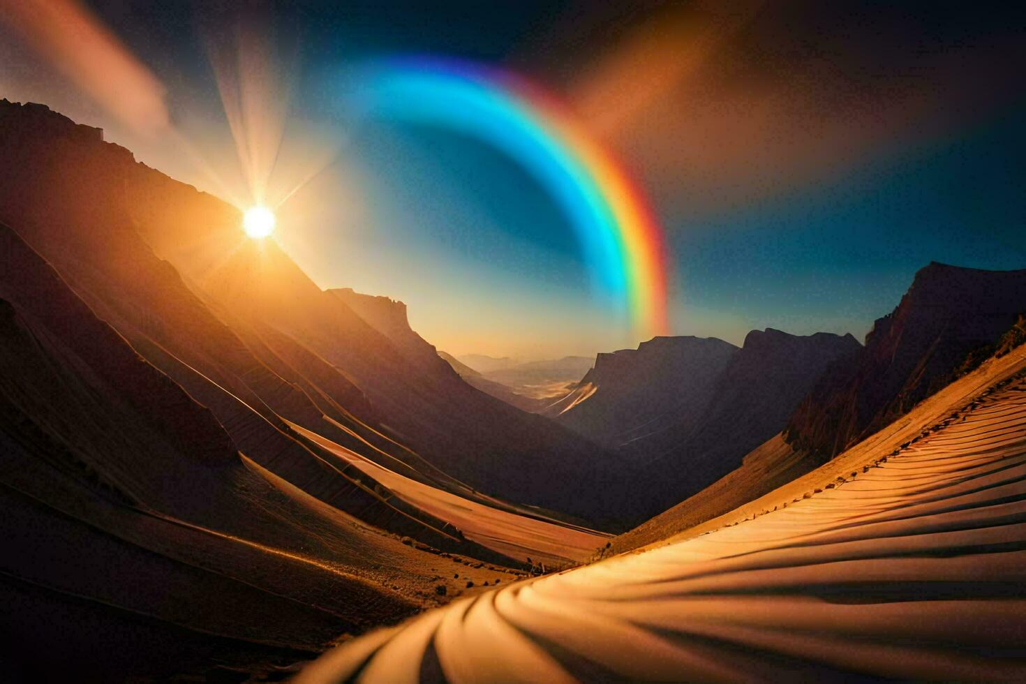 a rainbow is seen in the sky above a mountain range. AI-Generated photo