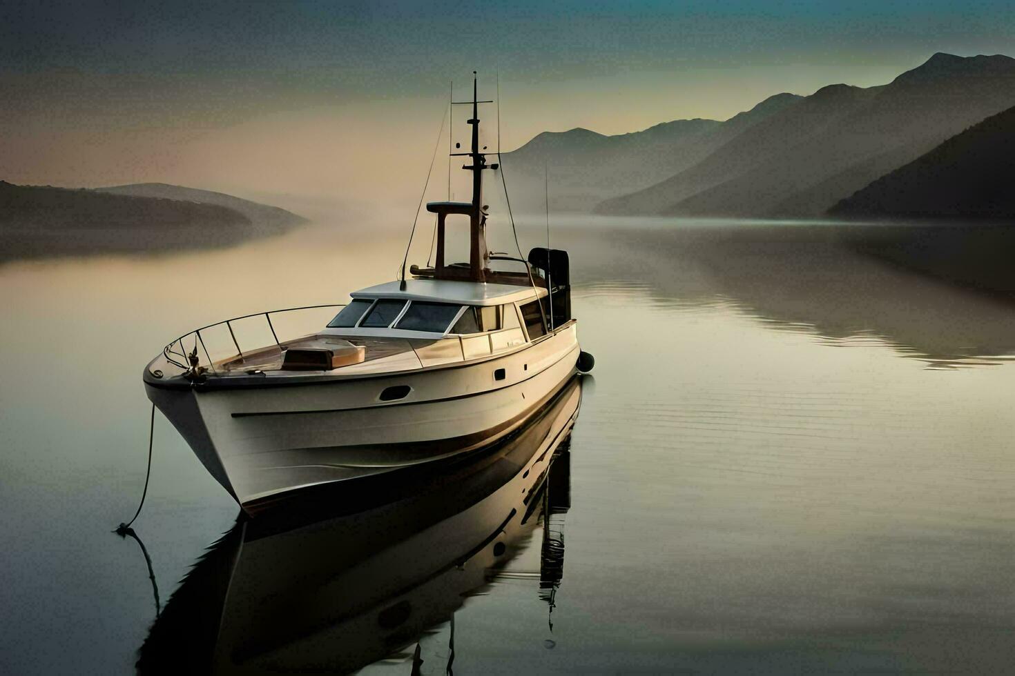 a boat is docked in the water near mountains. AI-Generated photo