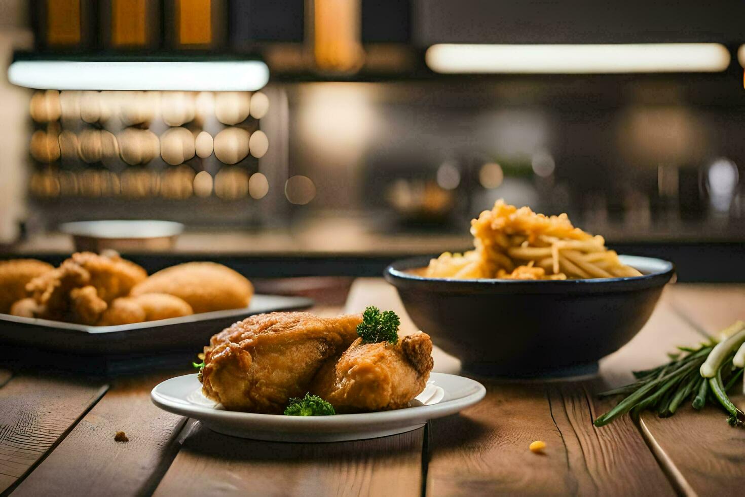 un mesa con frito pollo y francés papas fritas generado por ai foto