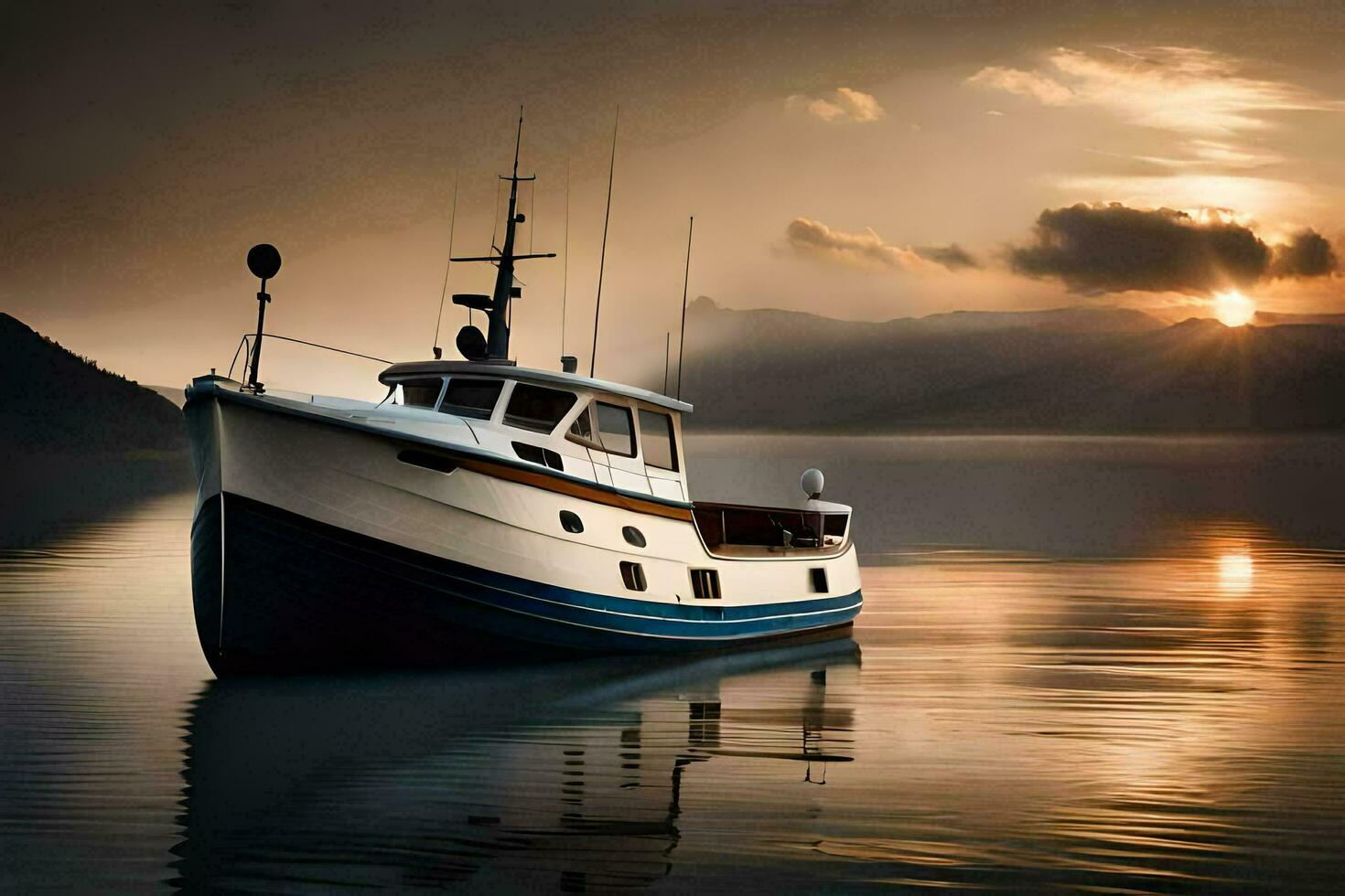 a boat is docked at sunset on a lake. AI-Generated photo