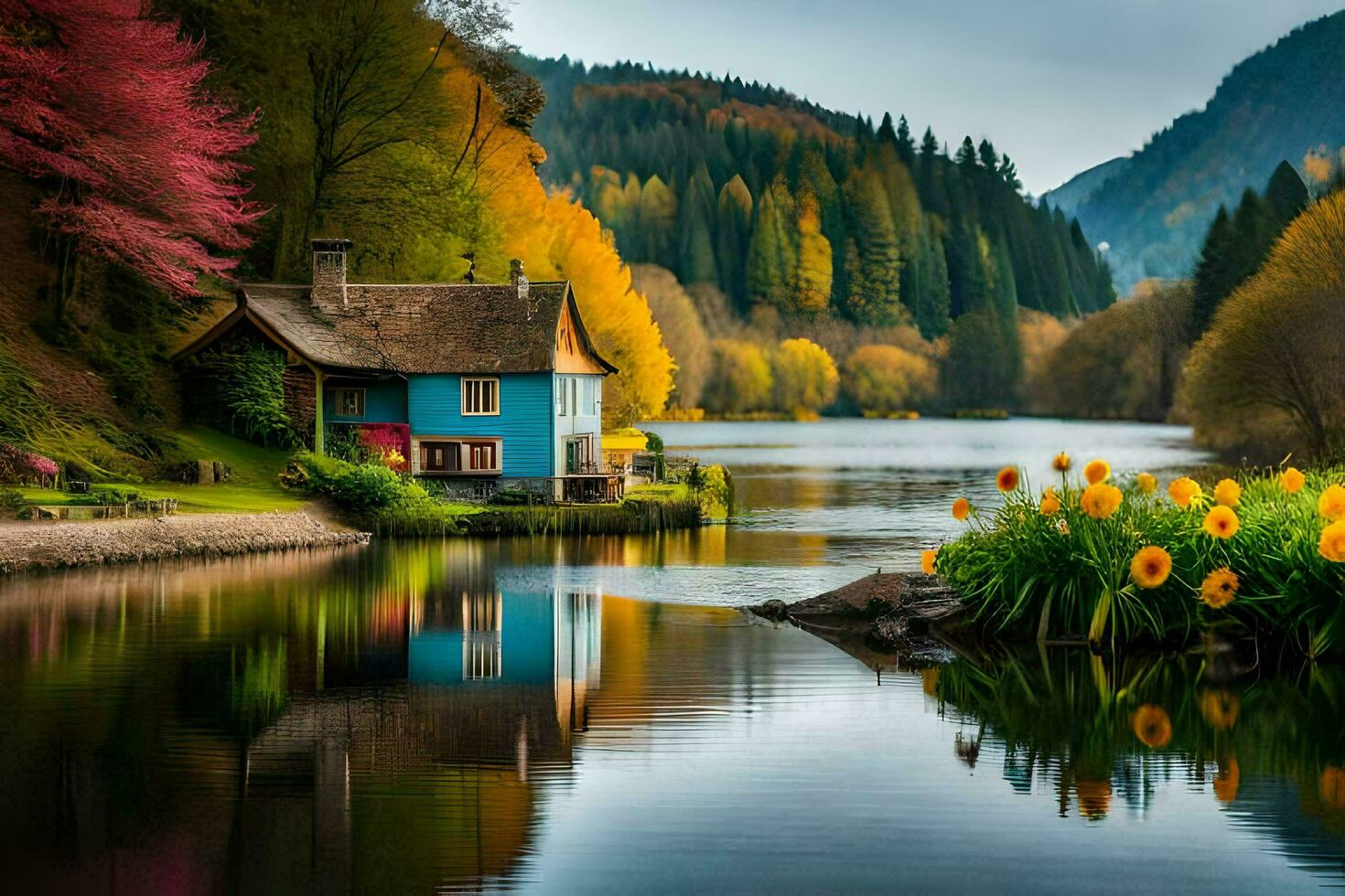 a blue house sits on the side of a lake. AI-Generated photo