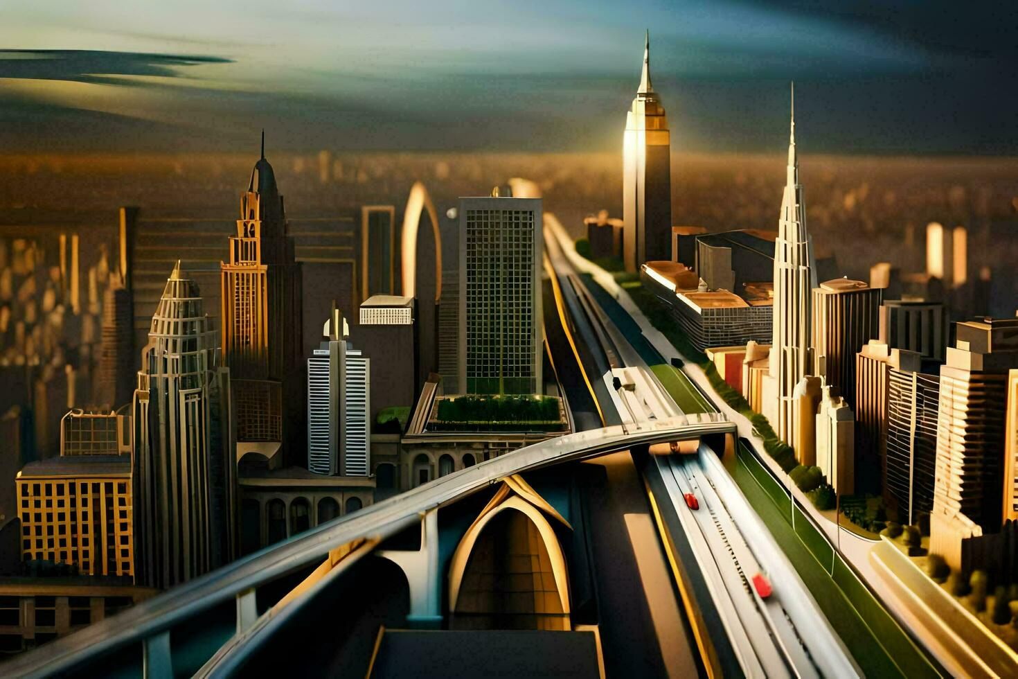 a city with a highway and a bridge. AI-Generated photo