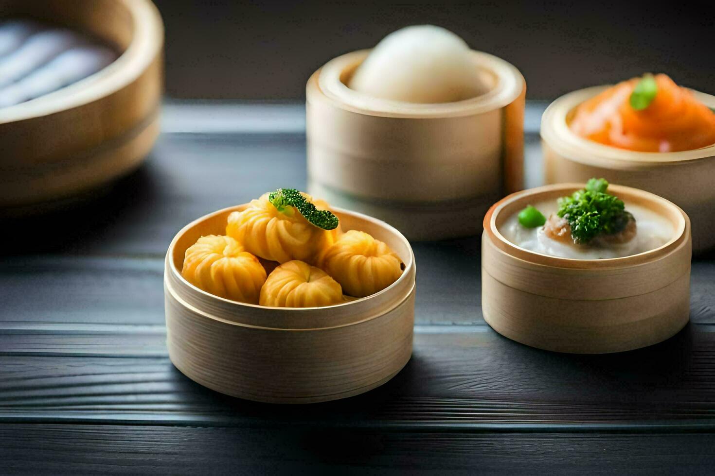 a variety of dim sum in bamboo containers. AI-Generated photo