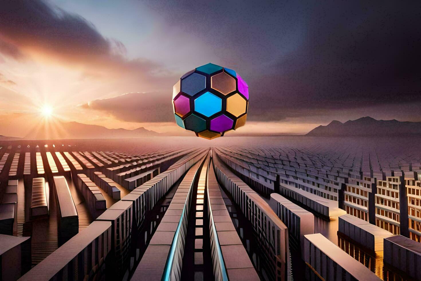 a colorful ball floating over a city. AI-Generated photo